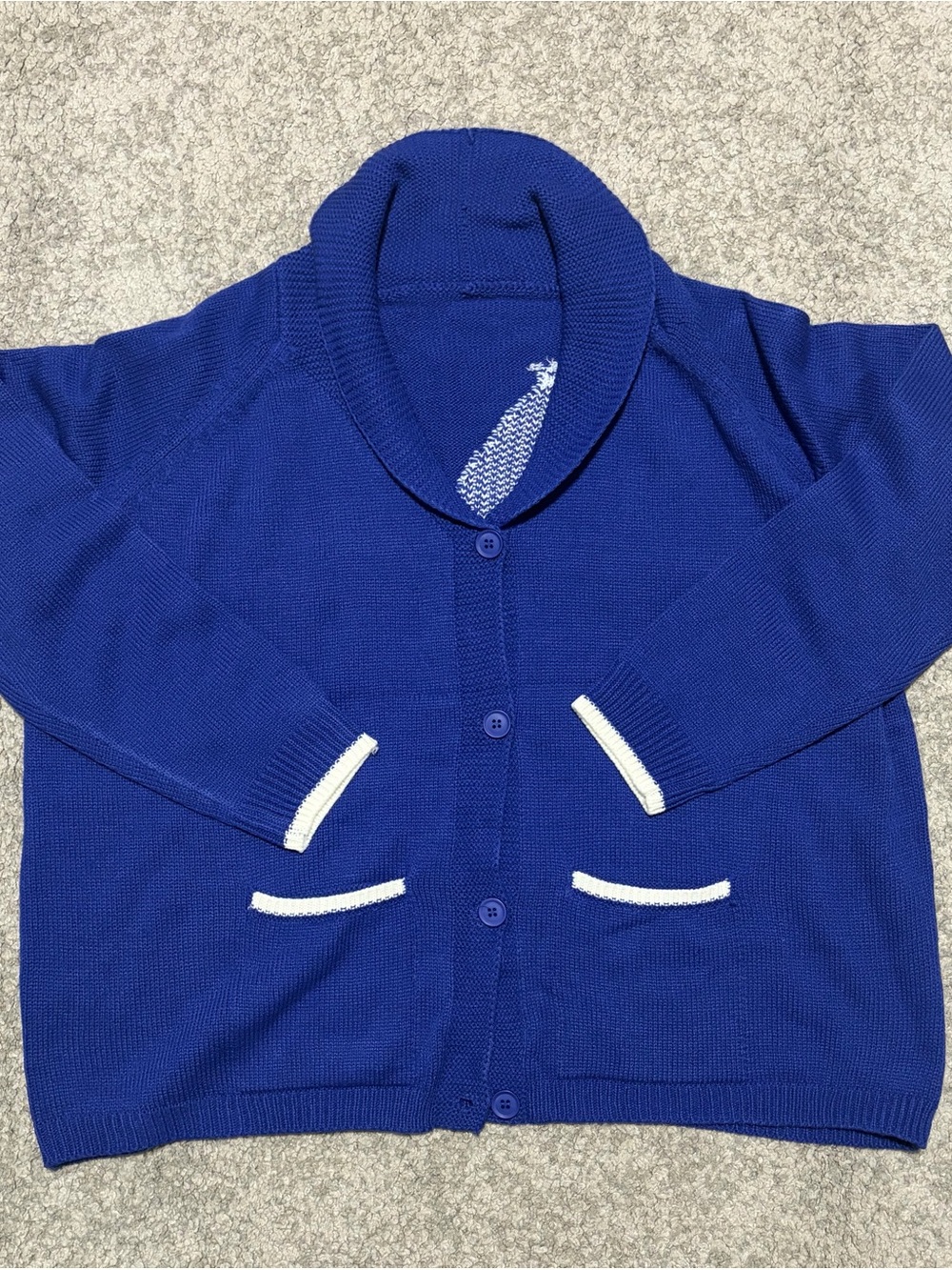 Button-Front Shawl Collar Cardigan in Royal Blue with White Trim